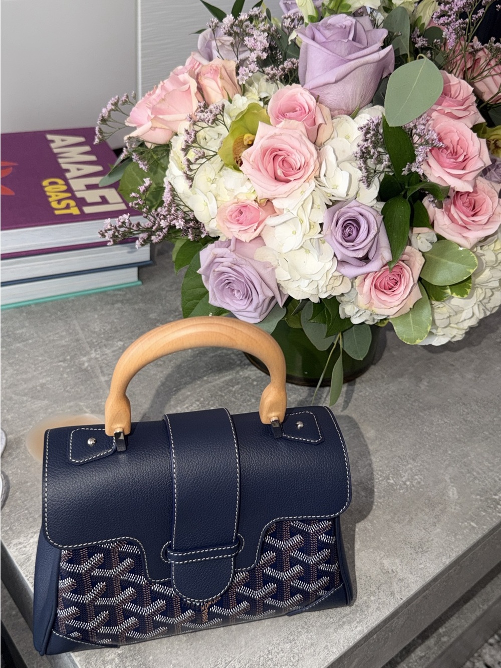 Goyard Navy Blue Leather Satchel with Wood Top Handle
